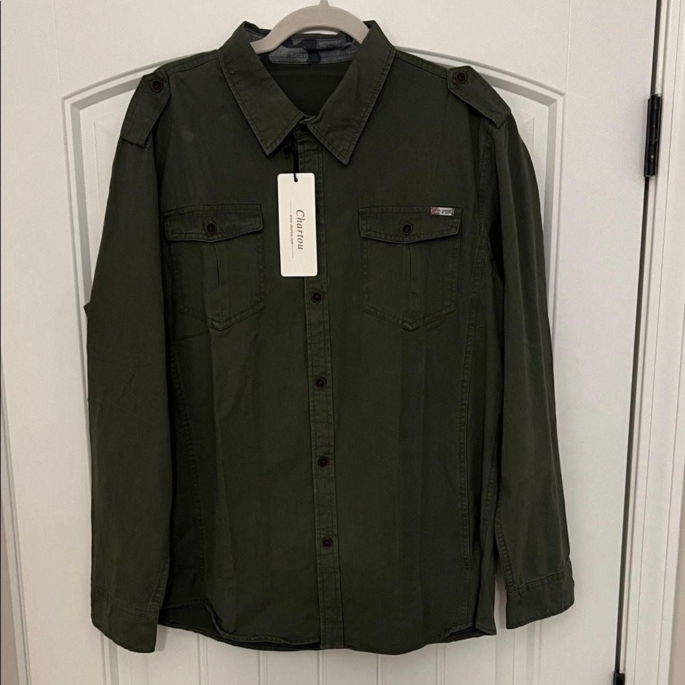 Chartou Men's Olive/ArmyCasual Button-Down Shirt with Camo Collar NWT Size XL